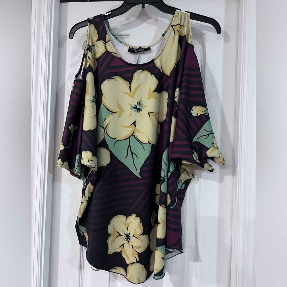 Kini Zamora Cold Shoulder Hawaiian Blouse Pikake Print Tropical XXL Plus Size